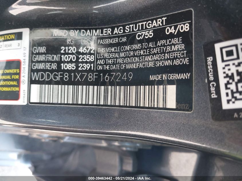 2008 Mercedes-Benz C 300 Luxury 4Matic/Sport 4Matic VIN: WDDGF81X78F167249 Lot: 39463442