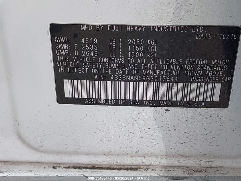 2016 Subaru Legacy 2.5I Limited VIN: 4S3BNAN69G3017644 Lot: 39463445