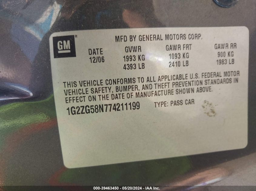 2007 Pontiac G6 VIN: 1G2ZG58N774211199 Lot: 39463450