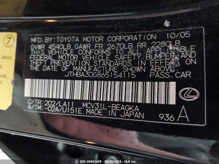 2006 Lexus Es 330 VIN: JTHBA30G865154115 Lot: 39463459