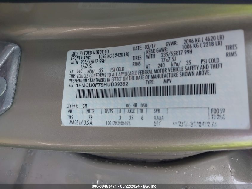 2017 Ford Escape S VIN: 1FMCU0F79HUD39362 Lot: 39463471
