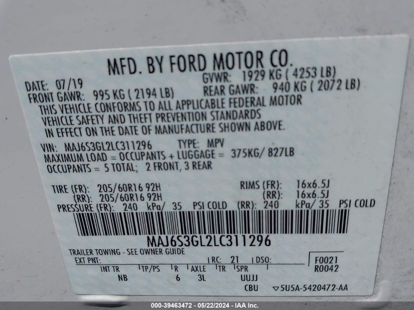 2020 Ford Ecosport Se VIN: MAJ6S3GL2LC311296 Lot: 39463472