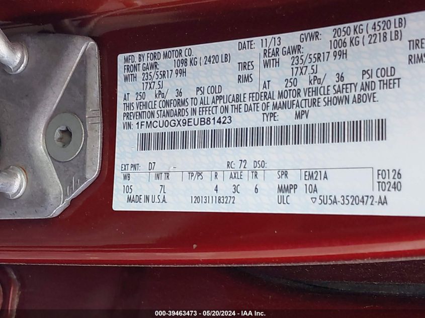 2014 Ford Escape Se VIN: 1FMCU0GX9EUB81423 Lot: 39463473