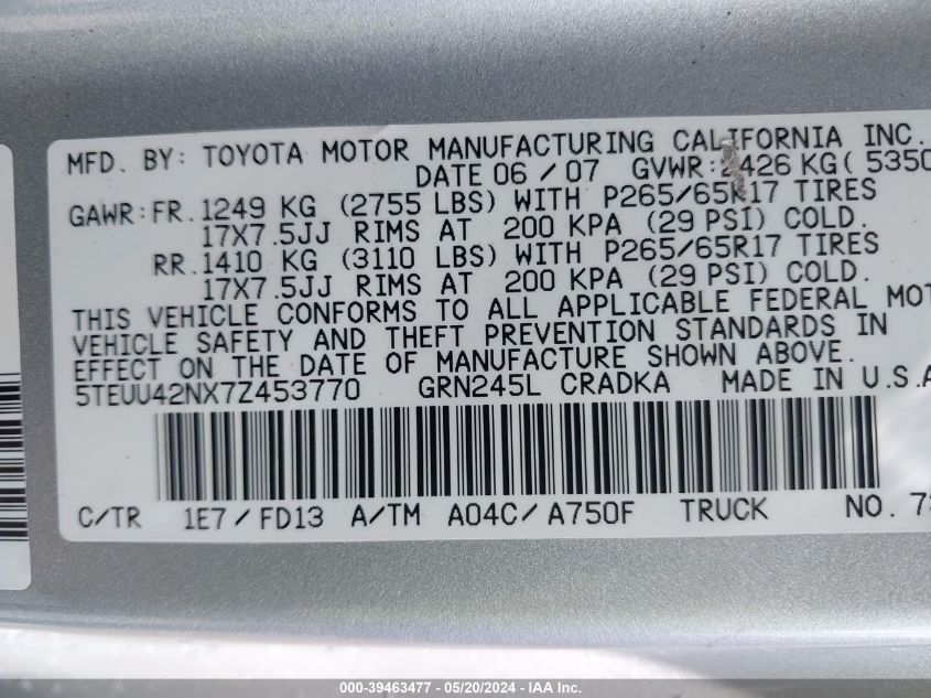 2007 Toyota Tacoma Base V6 VIN: 5TEUU42NX7Z453770 Lot: 39463477