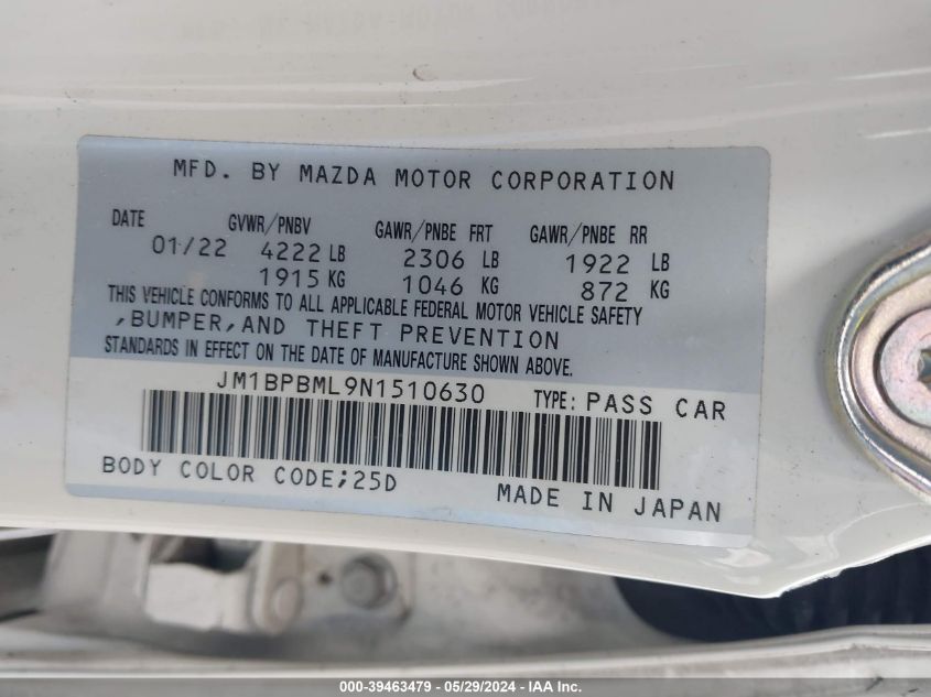 2022 Mazda Mazda3 Premium VIN: JM1BPBML9N1510630 Lot: 39463479