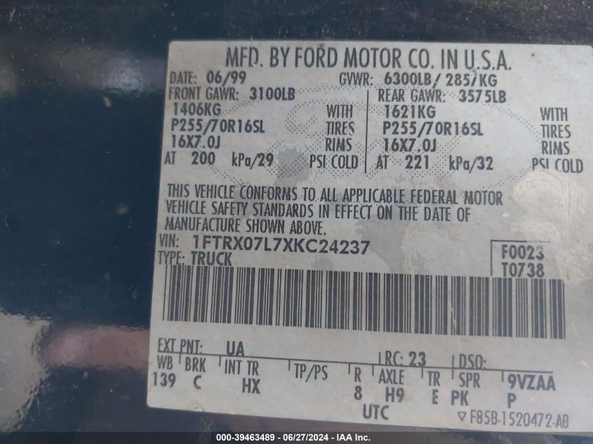 1999 Ford F-150 Lariat/Xl/Xlt VIN: 1FTRX07L7XKC24237 Lot: 39463489