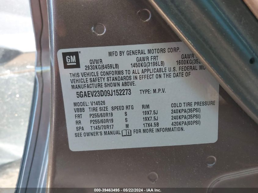 2009 Buick Enclave Cxl VIN: 5GAEV23D09J152273 Lot: 39463495