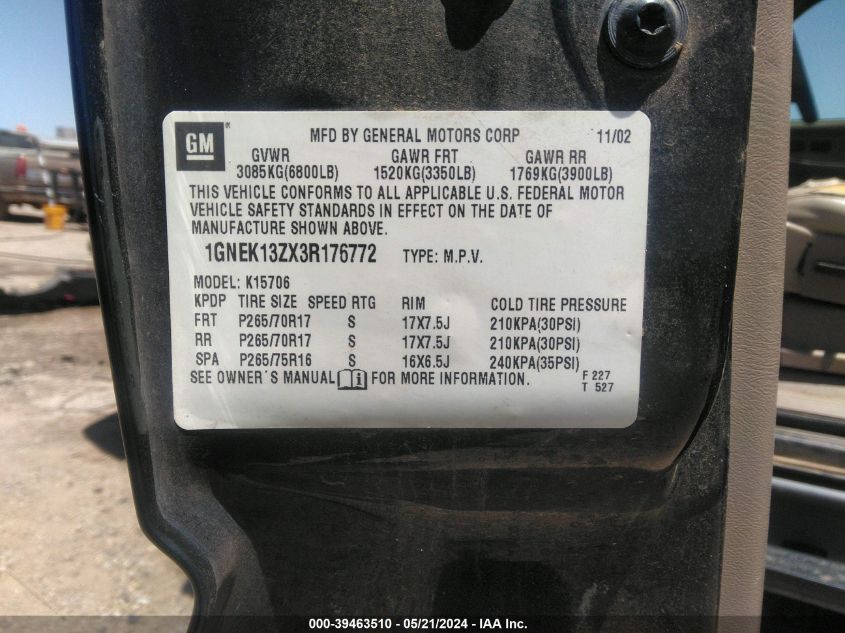 2003 Chevrolet Tahoe Z71 VIN: 1GNEK13ZX3R176772 Lot: 39463510