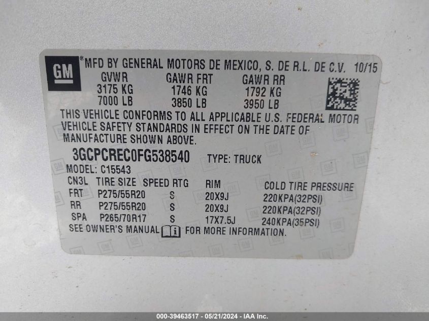 2015 Chevrolet Silverado 1500 1Lt VIN: 3GCPCREC0FG538540 Lot: 39463517