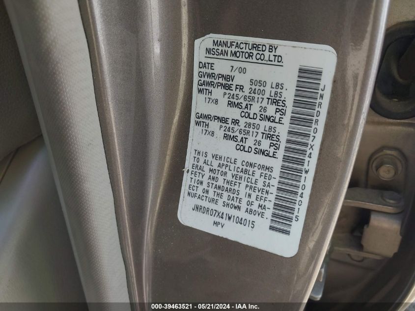 2001 Infiniti Qx4 Luxury VIN: JNRDR07X41W104015 Lot: 39463521