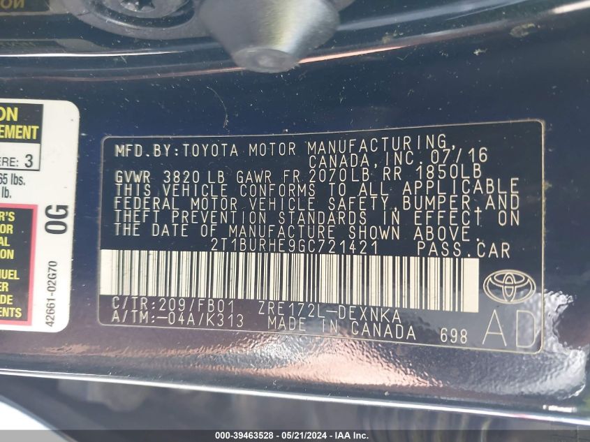 2016 Toyota Corolla Le VIN: 2T1BURHE9GC721421 Lot: 39463528