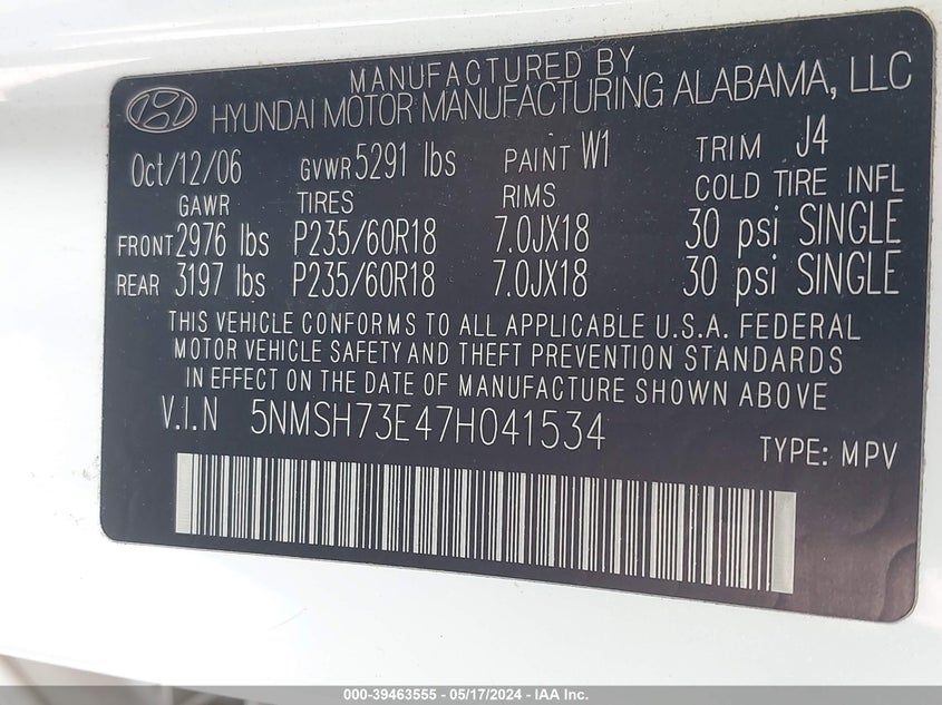 2007 Hyundai Santa Fe Limited/Se VIN: 5NMSH73E47H041534 Lot: 39463555