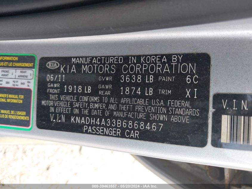 2011 Kia Rio Lx VIN: KNADH4A33B6868467 Lot: 39463557