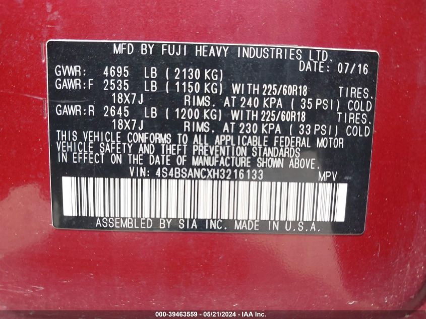 2017 Subaru Outback 2.5I Limited VIN: 4S4BSANCXH3216133 Lot: 39463559