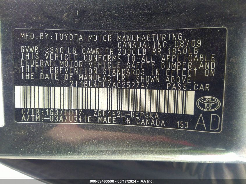 2010 Toyota Corolla S VIN: 2T1BU4EE7AC252747 Lot: 39463590