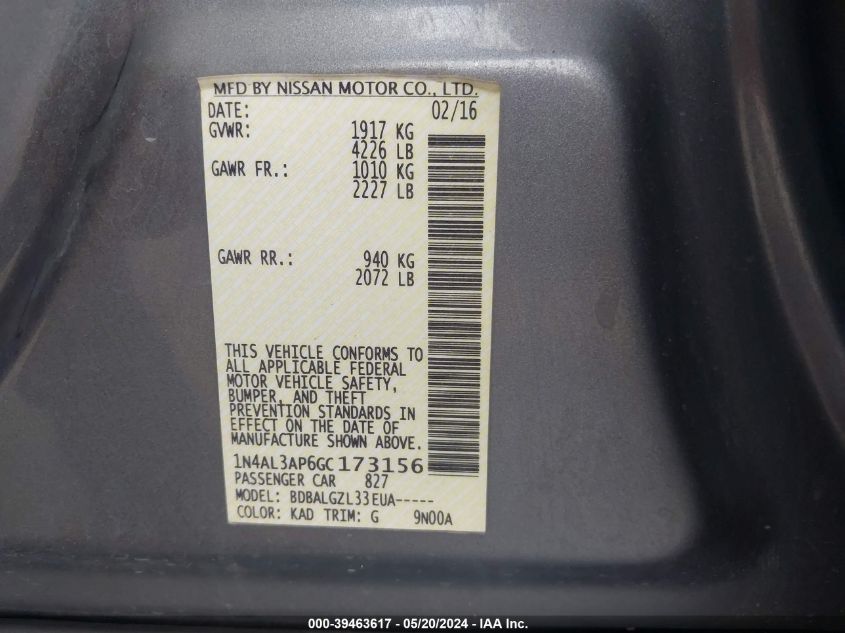 2016 Nissan Altima 2.5/2.5 S/2.5 Sl/2.5 Sr/2.5 Sv VIN: 1N4AL3AP6GC173156 Lot: 39463617