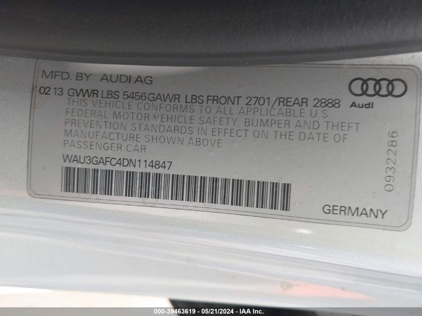 2013 Audi A7 3.0T Premium VIN: WAU3GAFC4DN114847 Lot: 39463619