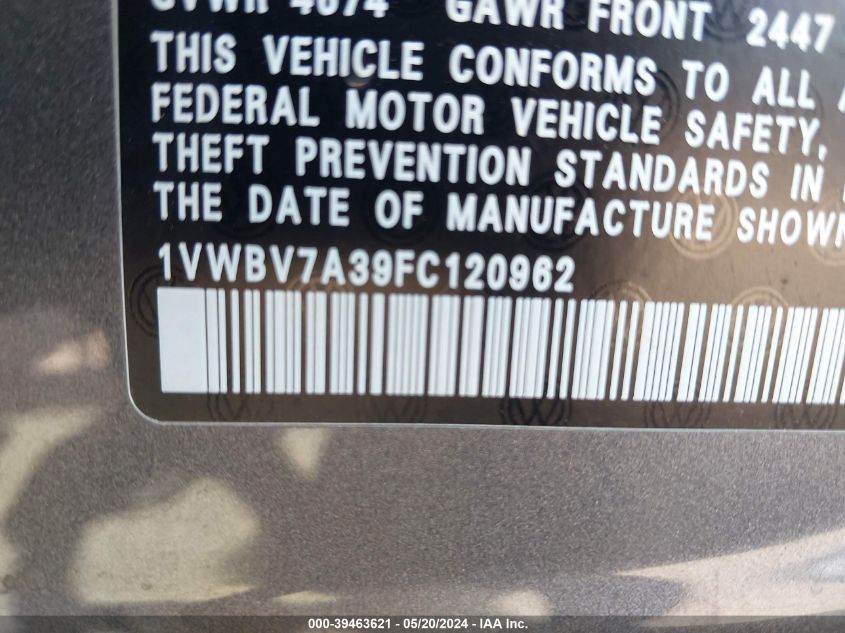 2015 Volkswagen Passat 2.0L Tdi Se VIN: 1VWBV7A39FC120962 Lot: 39463621