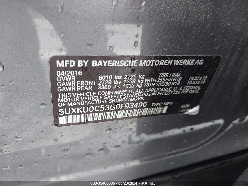 2016 BMW X6 Sdrive35I VIN: 5UXKU0C53G0F93496 Lot: 39463635