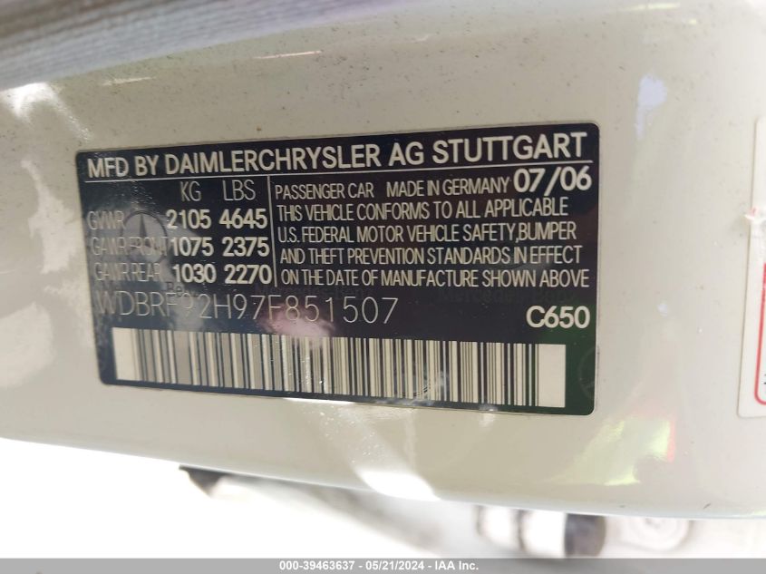 2007 Mercedes-Benz C 280 Luxury 4Matic VIN: WDBRF92H97F851507 Lot: 39463637
