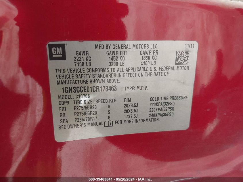 2012 Chevrolet Tahoe Ltz VIN: 1GNSCCE01CR173463 Lot: 39463641