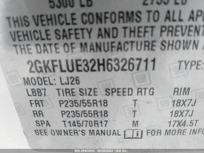 2017 GMC Terrain Slt VIN: 2GKFLUE32H6326711 Lot: 39463643