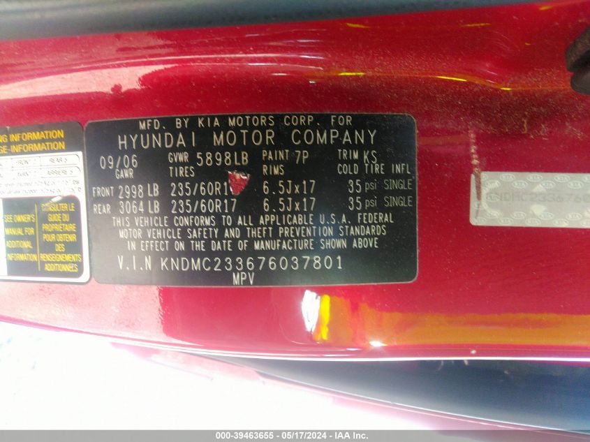 2007 Hyundai Entourage Gls/Limited/Se VIN: KNDMC233676037801 Lot: 39463655