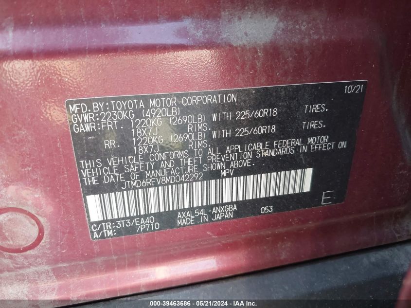 2021 Toyota Rav4 Limited Hybrid VIN: JTMD6RFV8MD042292 Lot: 39463686
