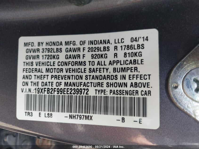 2014 Honda Civic Ex-L VIN: 19XFB2F99EE239972 Lot: 39463690