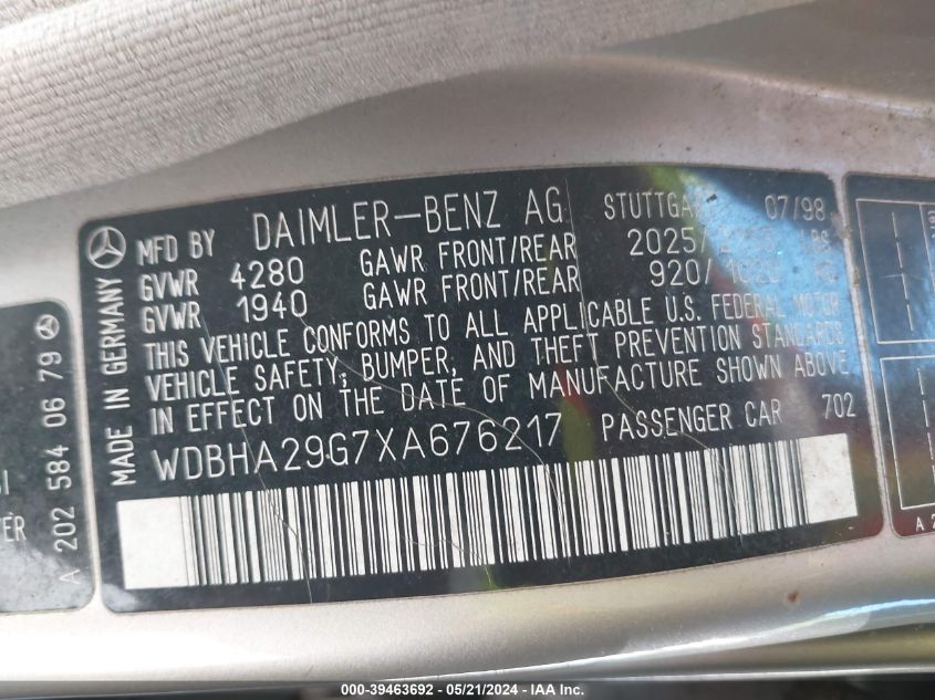 1999 Mercedes-Benz C 280 VIN: WDBHA29G7XA676217 Lot: 39463692