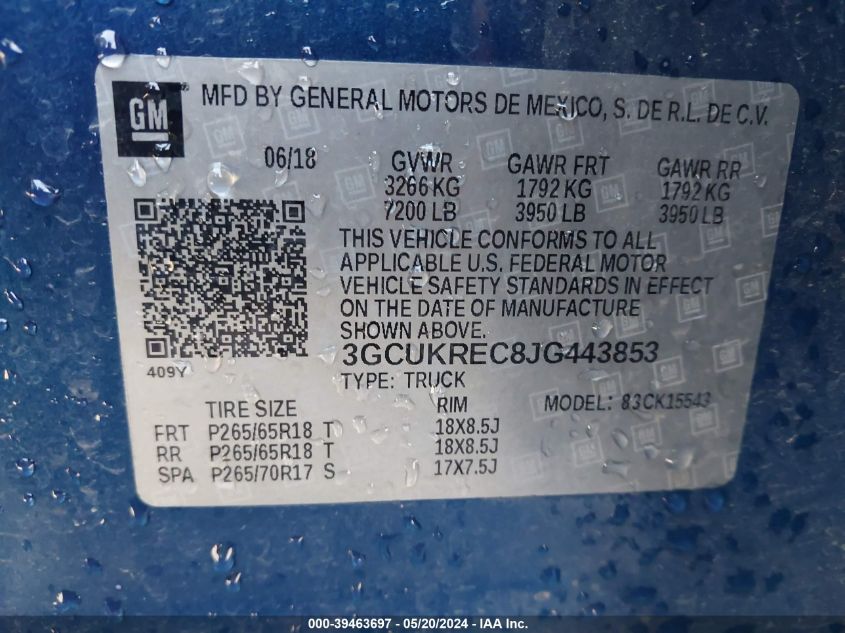2018 Chevrolet Silverado 1500 2Lt VIN: 3GCUKREC8JG443853 Lot: 39463697