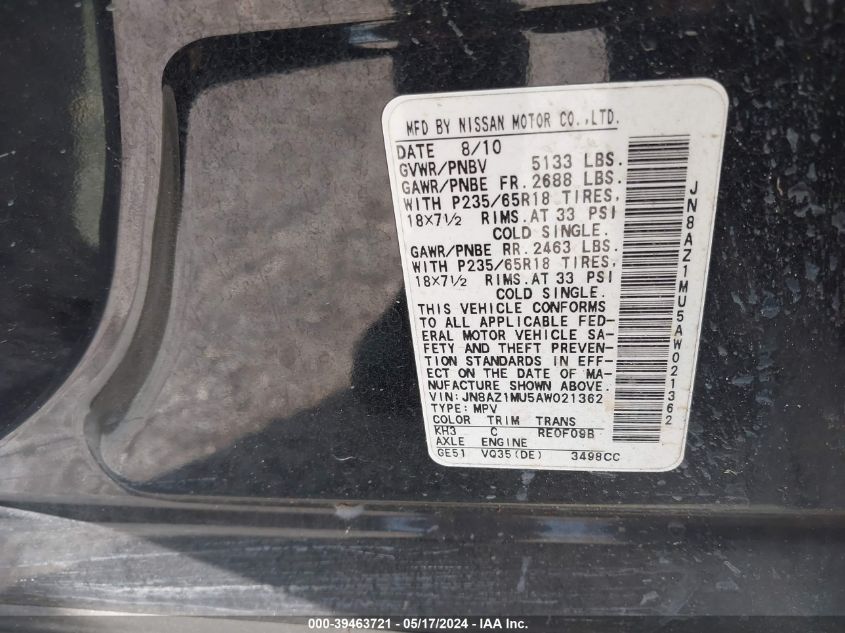 2010 Nissan Murano Sl VIN: JN8AZ1MU5AW021362 Lot: 39463721