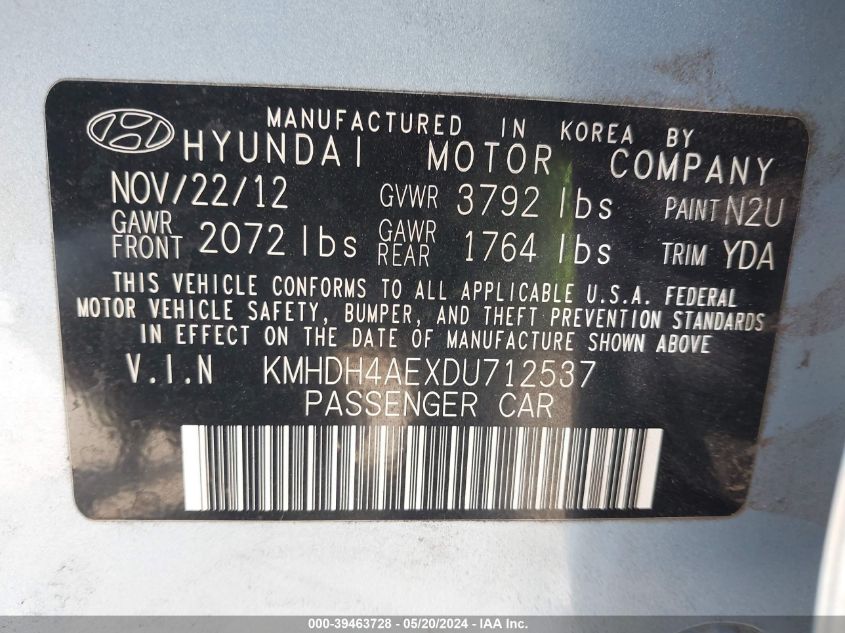 2013 Hyundai Elantra Gls VIN: KMHDH4AEXDU712537 Lot: 39463728