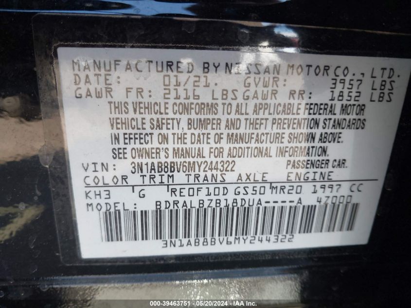 2021 NISSAN SENTRA S XTRONIC CVT - 3N1AB8BV6MY244322