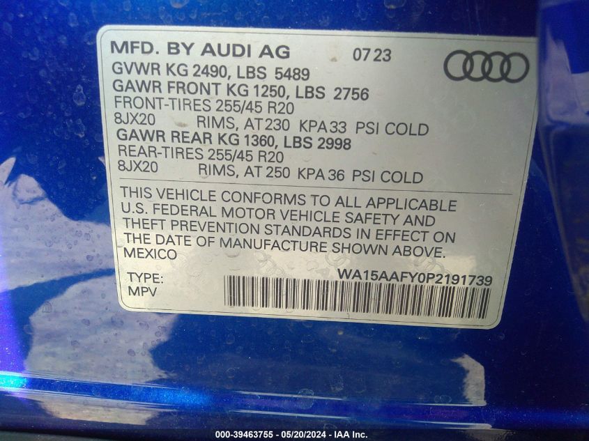 2023 Audi Q5 Sportback Premium Plus 45 Tfsi S Line Quattro S Tronic VIN: WA15AAFY0P2191739 Lot: 39463755