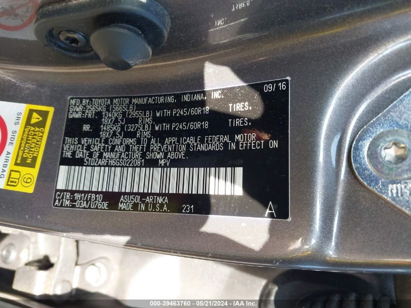 2016 Toyota Highlander Le VIN: 5TDZARFH6GS022081 Lot: 39463760