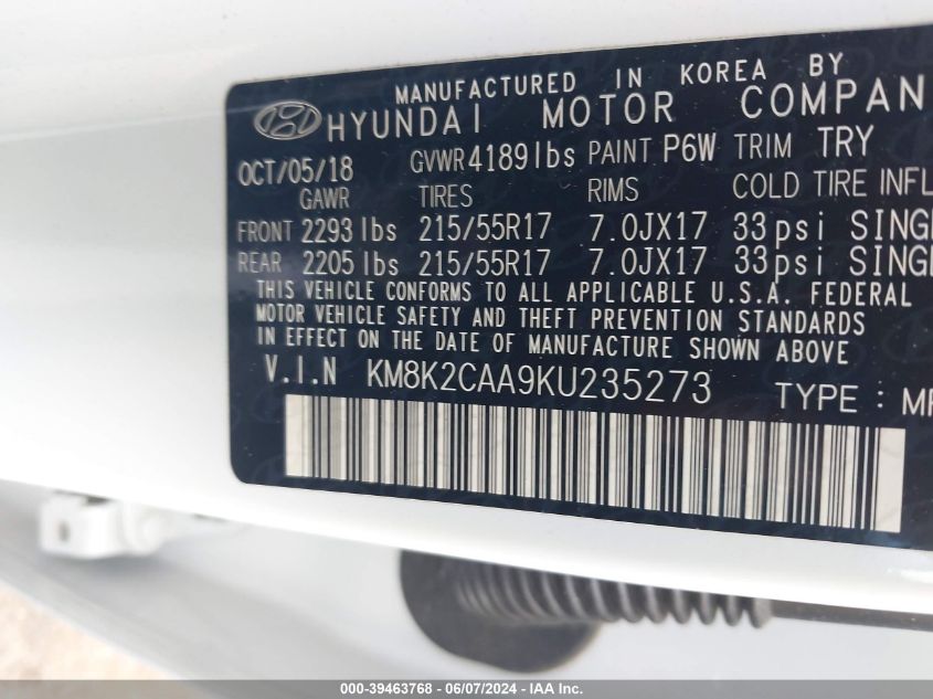 2019 Hyundai Kona Sel VIN: KM8K2CAA9KU235273 Lot: 39463768