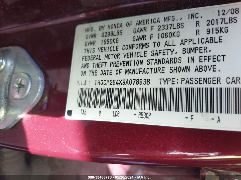 2009 Honda Accord 2.4 Lx-P VIN: 1HGCP264X9A078938 Lot: 39463770