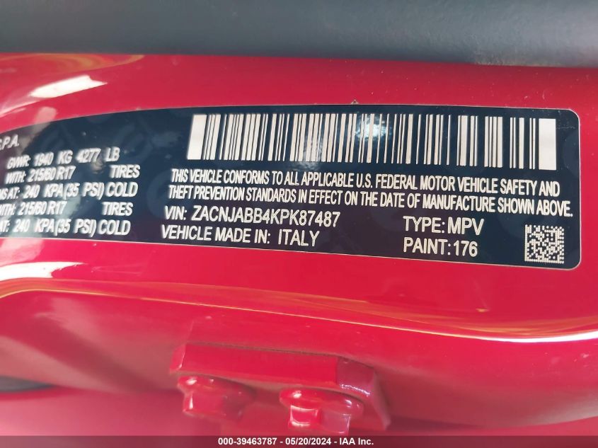 2019 Jeep Renegade Latitude Fwd VIN: ZACNJABB4KPK87487 Lot: 39463787