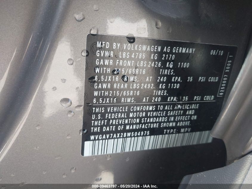 2011 Volkswagen Tiguan S VIN: WVGAV7AX2BW504975 Lot: 39463797