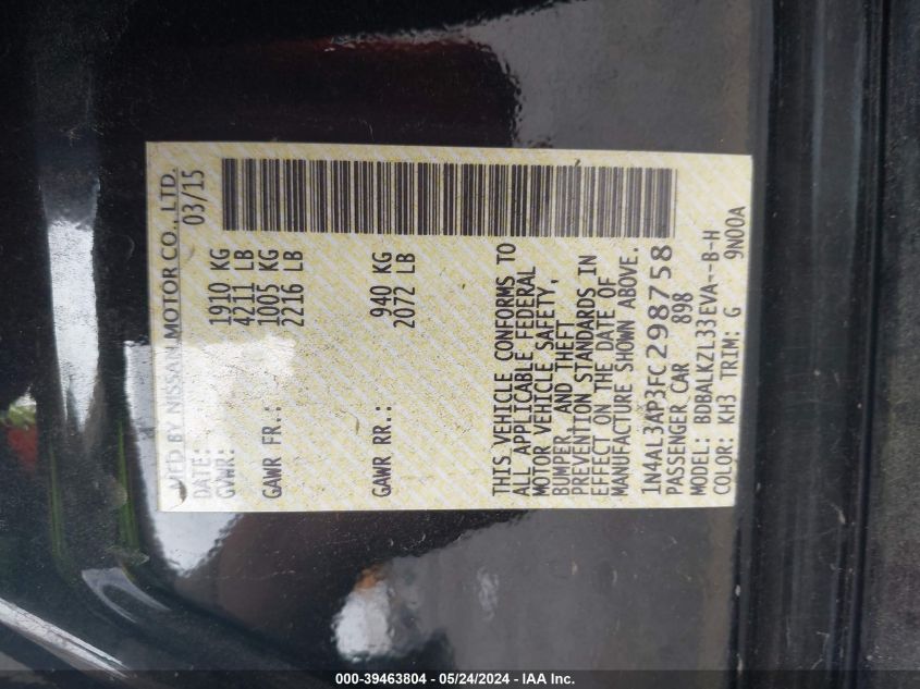 2015 Nissan Altima 2.5 Sv VIN: 1N4AL3AP3FC298758 Lot: 39463804