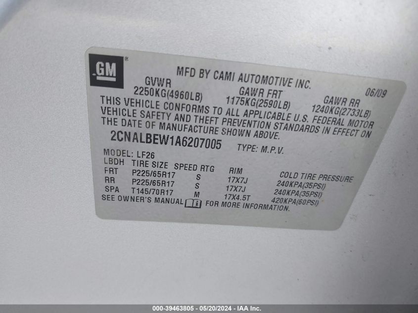 2010 Chevrolet Equinox Ls VIN: 2CNALBEW1A6207005 Lot: 39463805