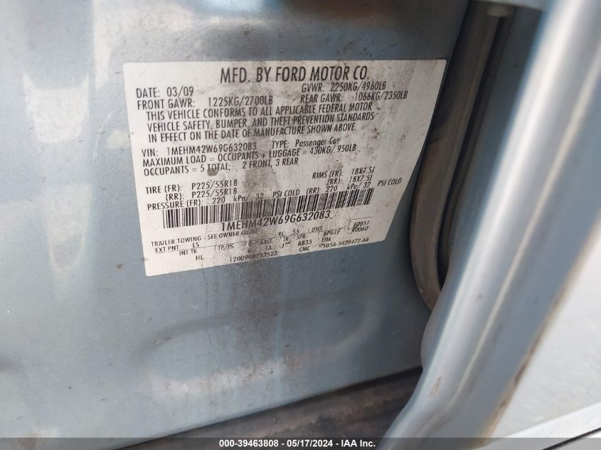 2009 Mercury Sable Premier VIN: 1MEHM42W69G632083 Lot: 39463808