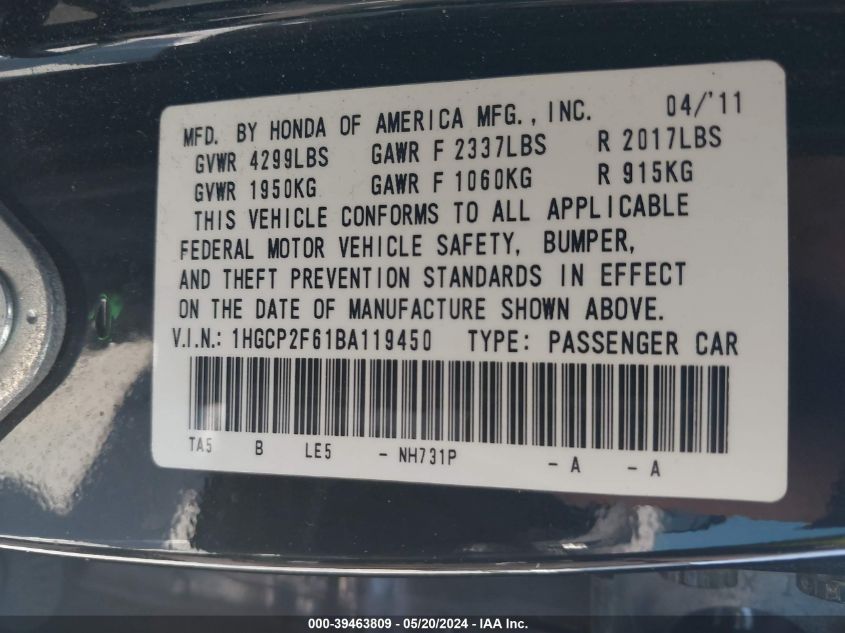 2011 Honda Accord 2.4 Se VIN: 1HGCP2F61BA119450 Lot: 39463809