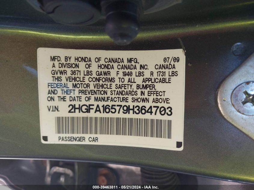 2009 Honda Civic Lx VIN: 2HGFA16579H364703 Lot: 39463811