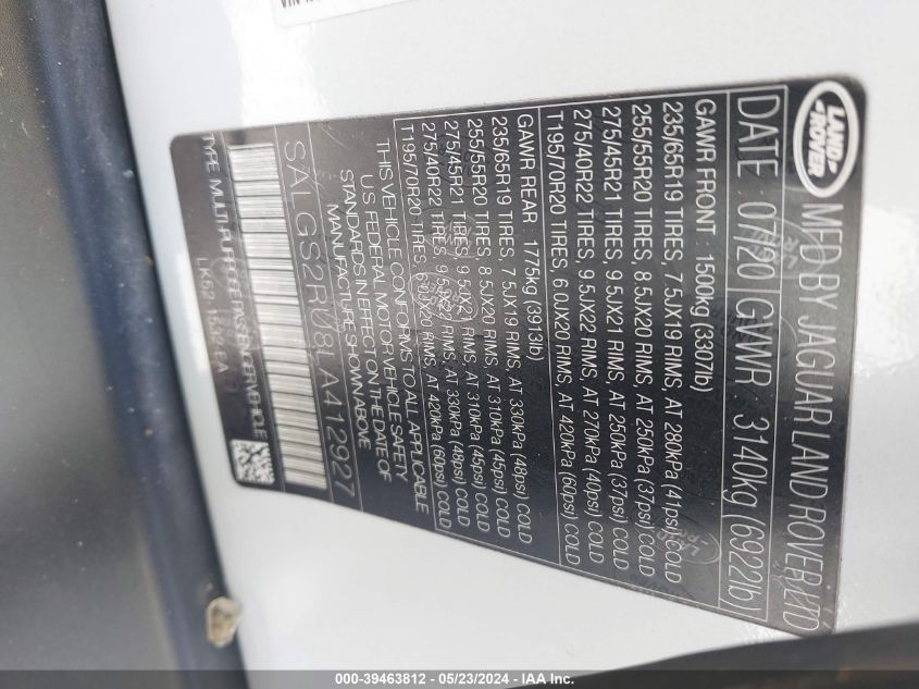 2020 Land Rover Range Rover Hse VIN: SALGS2RU8LA412927 Lot: 39463812