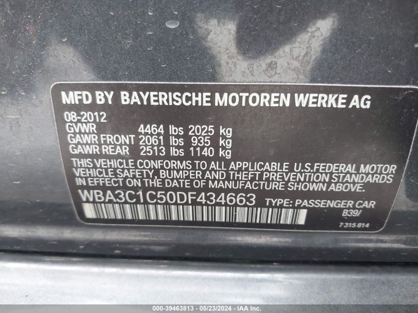 2013 BMW 328I VIN: WBA3C1C50DF434663 Lot: 39463813