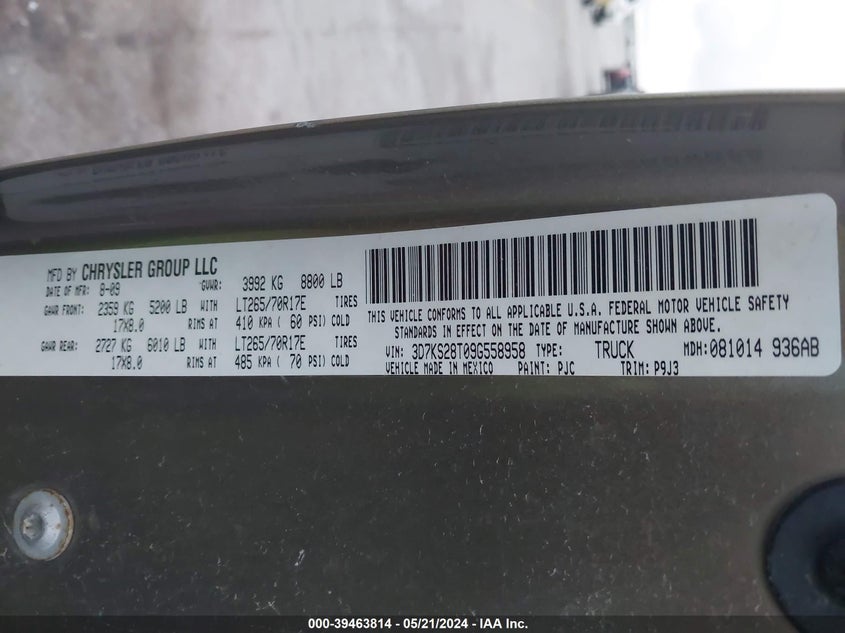 2009 Dodge Ram 2500 VIN: 3D7KS28T09G558958 Lot: 39463814