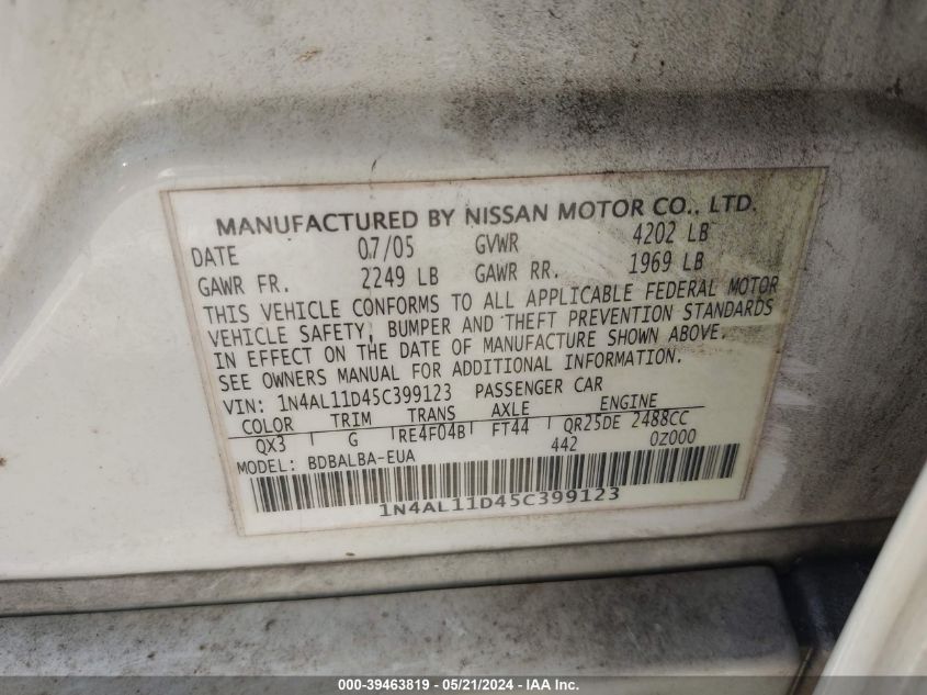 2005 Nissan Altima 2.5 S VIN: 1N4AL11D45C399123 Lot: 39463819
