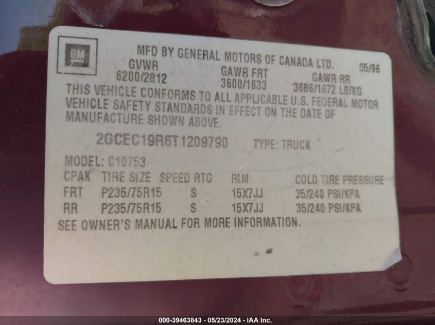 1996 Chevrolet Gmt-400 C1500 VIN: 2GCEC19R6T1209790 Lot: 39463843